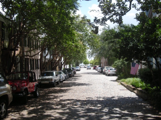 One of the beautiful cobblestone streets in Charleston.